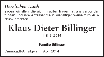Traueranzeige von Klaus Dieter Billinger von Echo-Zeitungen (Gesamtausgabe)