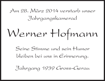 Traueranzeige von Werner Hofmann von Rüsselsheimer Echo, Groß-Gerauer-Echo, Ried Echo