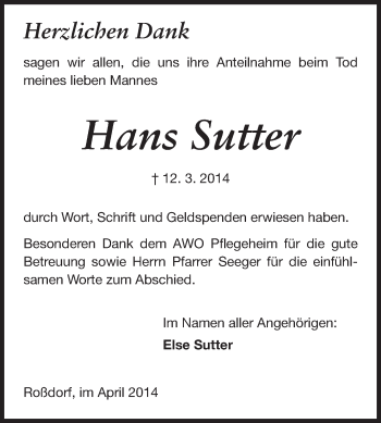Traueranzeige von Hans Sutter von Echo-Zeitungen (Gesamtausgabe)