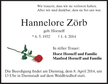 Traueranzeige von Hannelore Zörb von Echo-Zeitungen (Gesamtausgabe)