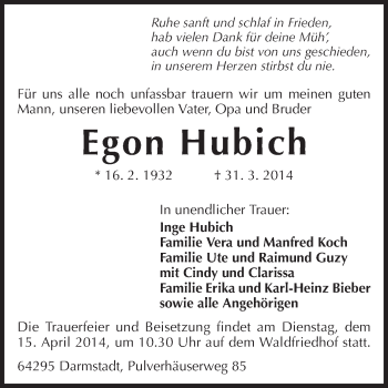 Traueranzeige von Egon Hubich von Echo-Zeitungen (Gesamtausgabe)