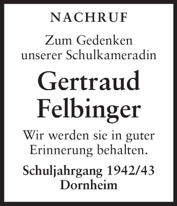 Traueranzeige von Gertraud Felbinger von Rüsselsheimer Echo, Groß-Gerauer-Echo, Ried Echo