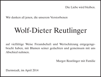 Traueranzeige von Wolf-Dieter Reutlinger von Echo-Zeitungen (Gesamtausgabe)
