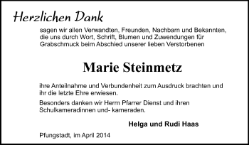 Traueranzeige von Marie Steinmetz von Echo-Zeitungen (Gesamtausgabe)