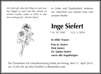Traueranzeige von Inge Siefert von Odenwälder Echo