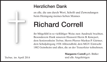Traueranzeige von Richard Correll von Rüsselsheimer Echo, Groß-Gerauer-Echo, Ried Echo