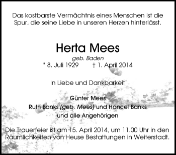 Traueranzeige von Herta Mees von Echo-Zeitungen (Gesamtausgabe)