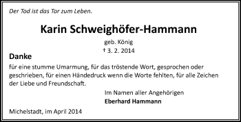 Traueranzeige von Karin Schweighöfer-Hammann von Odenwälder Echo
