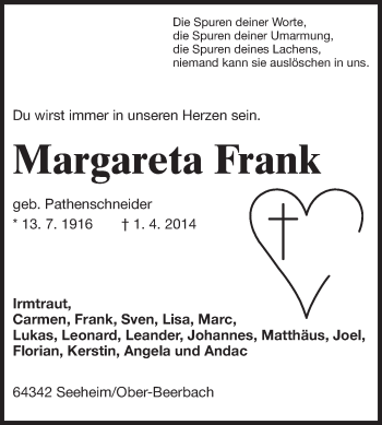 Traueranzeige von Margareta Frank von Echo-Zeitungen (Gesamtausgabe)