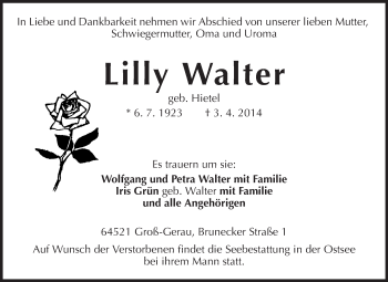 Traueranzeige von Lilly Walter von Rüsselsheimer Echo, Groß-Gerauer-Echo, Ried Echo