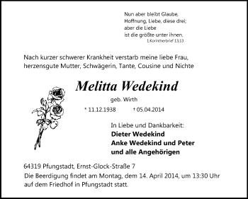 Traueranzeige von Melitta Wedekind von Echo-Zeitungen (Gesamtausgabe)
