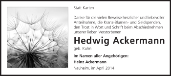 Traueranzeige von Hedwig Ackermann von Rüsselsheimer Echo, Groß-Gerauer-Echo, Ried Echo