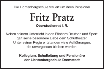 Traueranzeige von Fritz Pratz von Echo-Zeitungen (Gesamtausgabe)