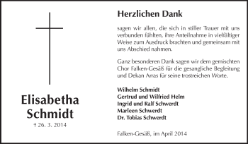 Traueranzeige von Elisabeth Schmidt von Odenwälder Echo