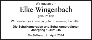 Traueranzeige von Elke Wingenbach von Rüsselsheimer Echo, Groß-Gerauer-Echo, Ried Echo