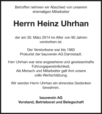 Traueranzeige von Heinz Uhrhan von Echo-Zeitungen (Gesamtausgabe)