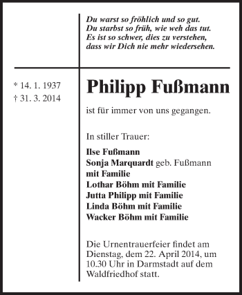 Traueranzeige von Philipp Fußmann von Echo-Zeitungen (Gesamtausgabe)
