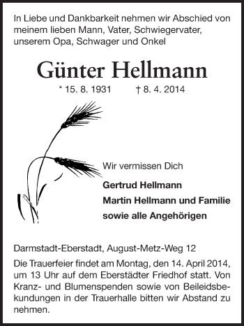 Traueranzeige von Günter Hellmann von Echo-Zeitungen (Gesamtausgabe)