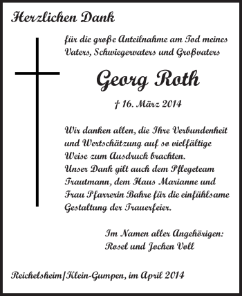 Traueranzeige von Georg Roth von Echo-Zeitungen (Gesamtausgabe)