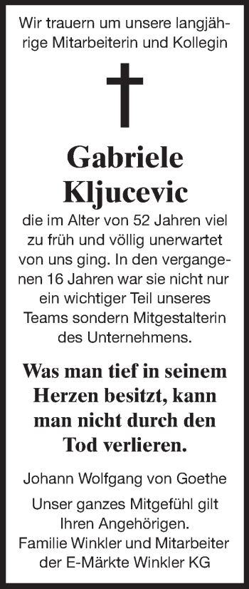Traueranzeige von Gabriele Kljucevic von Echo-Zeitungen (Gesamtausgabe)