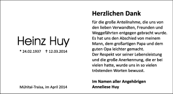 Traueranzeige von Heinz Huy von Echo-Zeitungen (Gesamtausgabe)