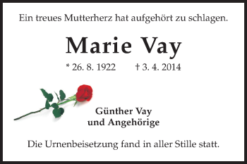 Traueranzeige von Marie Vay von Odenwälder Echo