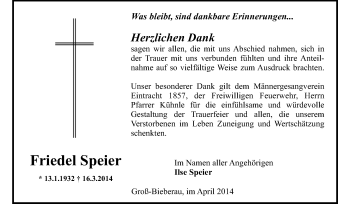 Traueranzeige von Friedel Speier von Echo-Zeitungen (Gesamtausgabe)