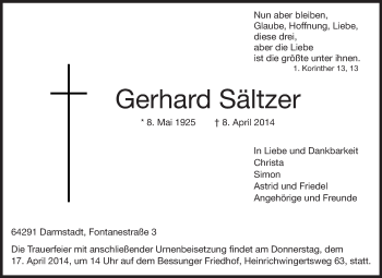 Traueranzeige von Gerhard Sältzer von Echo-Zeitungen (Gesamtausgabe)