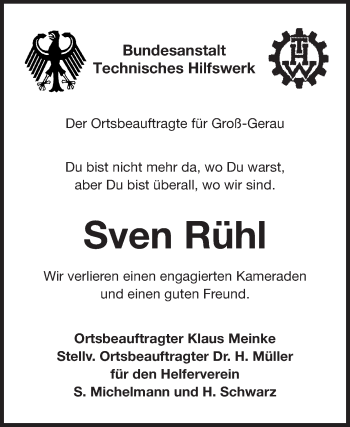 Traueranzeige von Sven Rühl von Rüsselsheimer Echo, Groß-Gerauer-Echo, Ried Echo