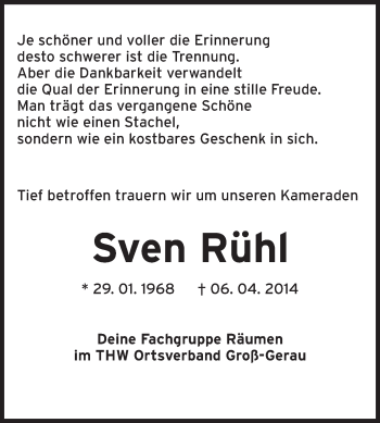 Traueranzeige von Sven Rühl von Rüsselsheimer Echo, Groß-Gerauer-Echo, Ried Echo