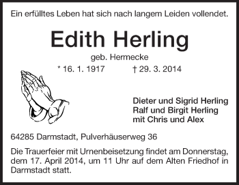 Traueranzeige von Edith Herling von Darmstädter Echo, Odenwälder Echo, Rüsselsheimer Echo, Groß-Gerauer-Echo, Ried Echo