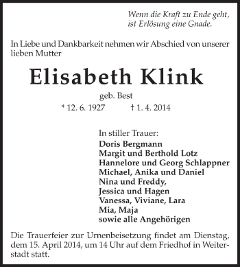 Traueranzeige von Elisabeth Klink von Echo-Zeitungen (Gesamtausgabe)