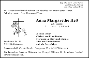 Traueranzeige von Anna Margarete Heß von Echo-Zeitungen (Gesamtausgabe)