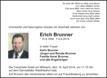Traueranzeige von Erich Brunner von Echo-Zeitungen (Gesamtausgabe)