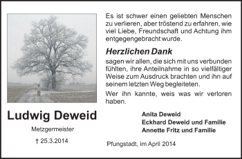 Traueranzeige von Ludwig Deweid von Echo-Zeitungen (Gesamtausgabe)