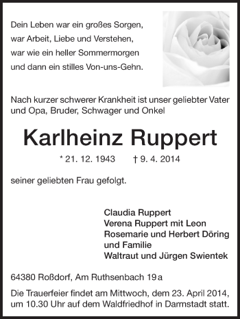 Traueranzeige von Karlheinz Ruppert von Echo-Zeitungen (Gesamtausgabe)