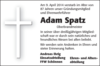 Traueranzeige von Adam Spatz von Odenwälder Echo