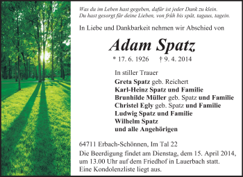 Traueranzeige von Adam Spatz von Odenwälder Echo