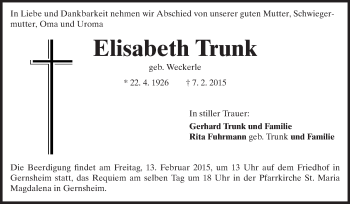 Traueranzeige von Elisabeth Trunk von Rüsselsheimer Echo, Groß-Gerauer-Echo, Ried Echo