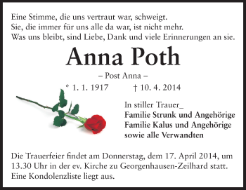Traueranzeige von Anna Poth von Echo-Zeitungen (Gesamtausgabe)