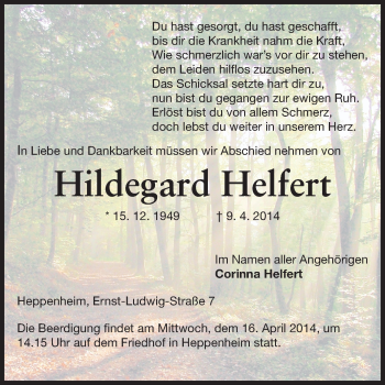 Traueranzeige von Hildegard Helfert von Starkenburger Echo