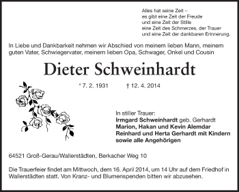 Traueranzeige von Dieter Schweinhardt von Rüsselsheimer Echo, Groß-Gerauer-Echo, Ried Echo