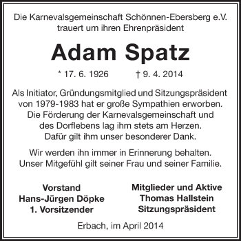 Traueranzeige von Adam Spatz von Odenwälder Echo