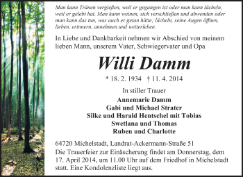 Traueranzeige von Willi Damm von Odenwälder Echo