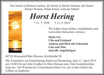 Traueranzeige von Horst Hering von Echo-Zeitungen (Gesamtausgabe)