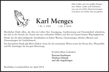 Traueranzeige von Karl Menges von Odenwälder Echo