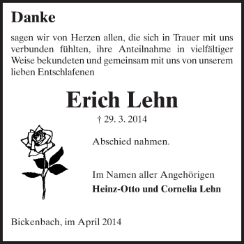 Traueranzeige von Erich Lehn von Echo-Zeitungen (Gesamtausgabe)