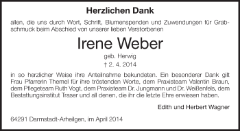 Traueranzeige von Irene Weber von Echo-Zeitungen (Gesamtausgabe)