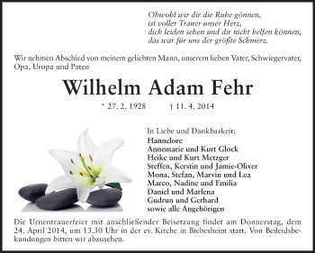 Traueranzeige von Wilhelm Adam Fehr von Rüsselsheimer Echo, Groß-Gerauer-Echo, Ried Echo