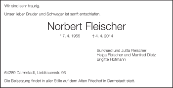Traueranzeige von Norbert Fleischer von Darmstädter Echo, Odenwälder Echo, Rüsselsheimer Echo, Groß-Gerauer-Echo, Ried Echo